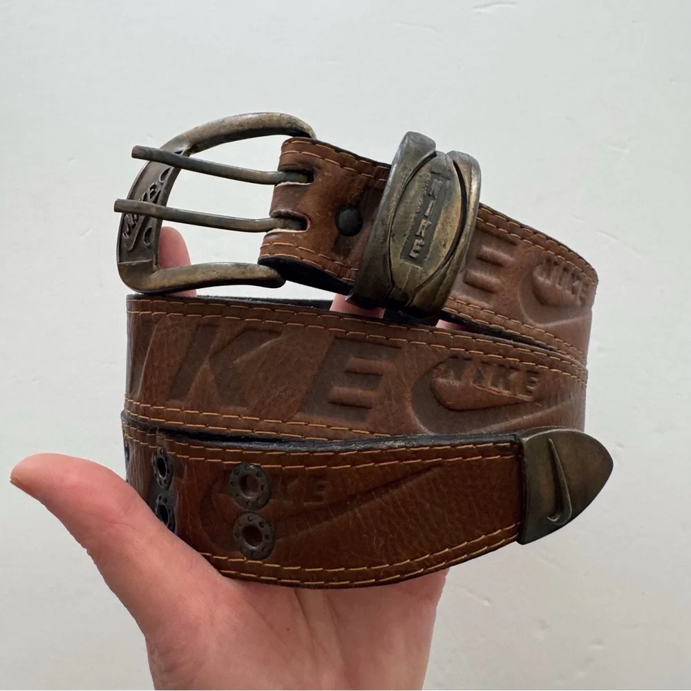 Vintage Nike Brown Leather Logo Belt - Picture 2 of 9